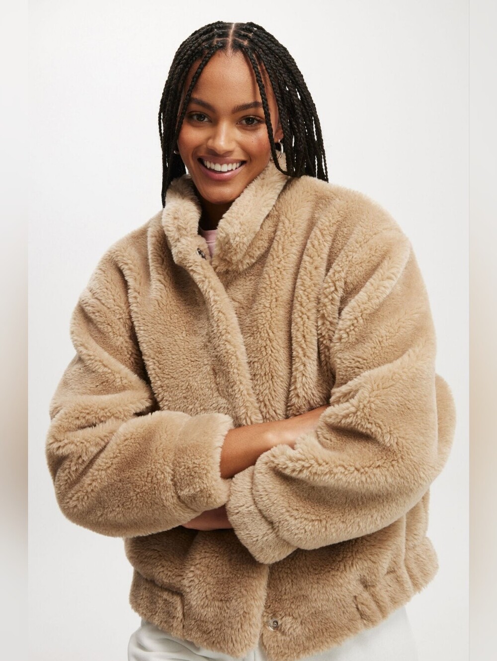 Cotton On Teddy Bomber Jacket in Stone Tan Brown Women's Size S